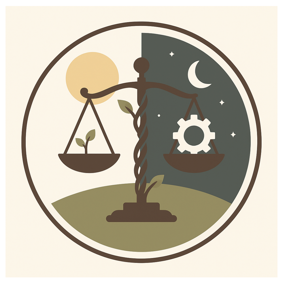Temple of the Neopaganus sacred icon — scales of balance with sun, moon, nature and industry